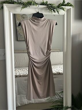 H&M Sleeveless Ruched Mock Neck Midi Dress in Taupe